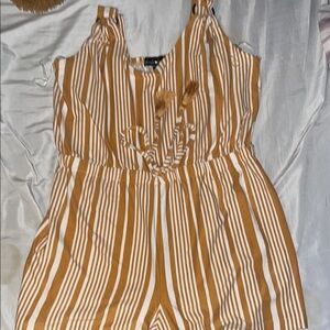 Derek Heart Tan and White Striped Jumpsuit